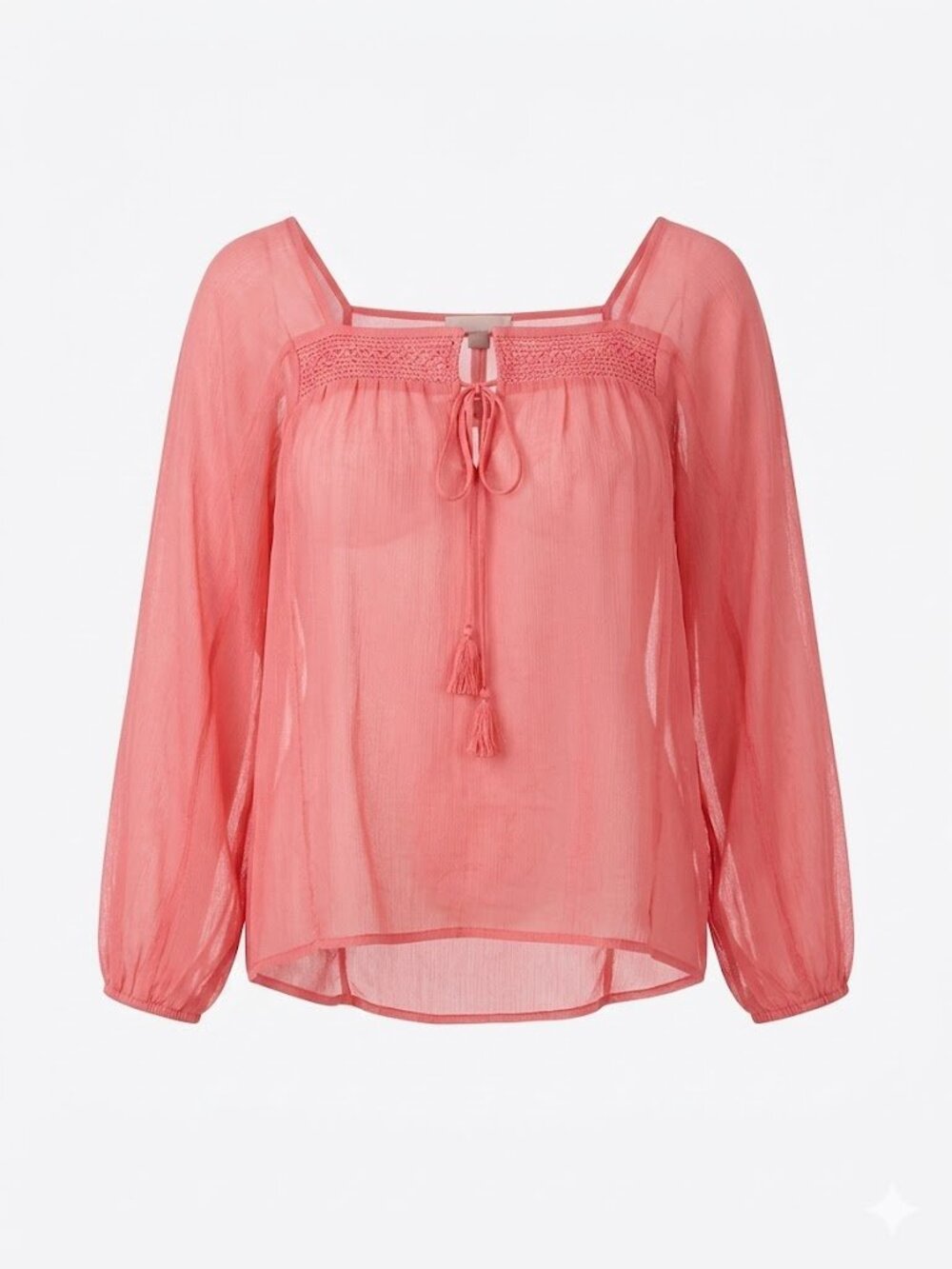 AMERICAN EAGLE Coral Pink Sheer Peasant Blouse XL Crochet Tassel Boho Festival